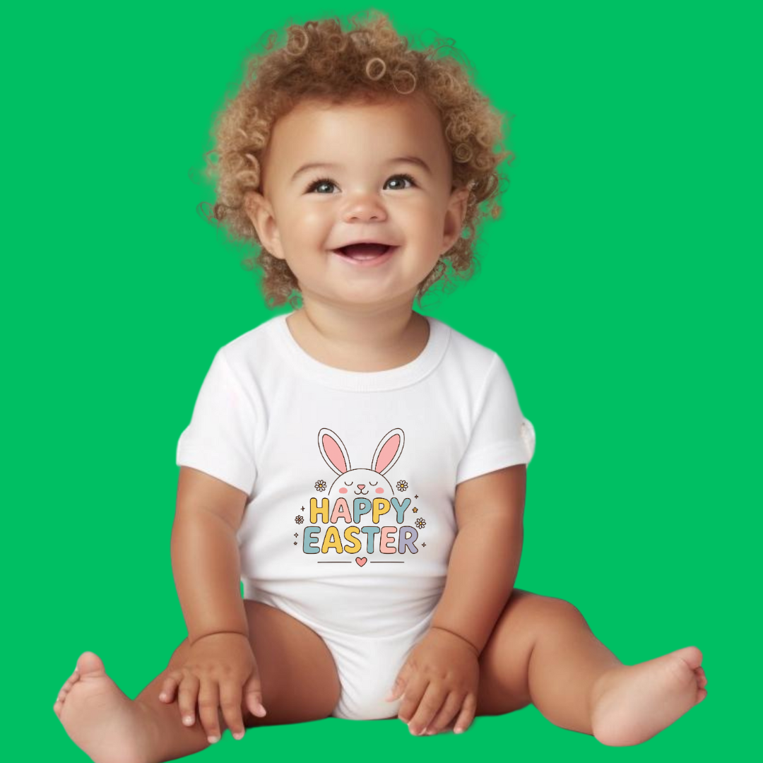 Happy Easter Bunny Baby Bodysuit, 100% Cotton Onesie with Carrot Design